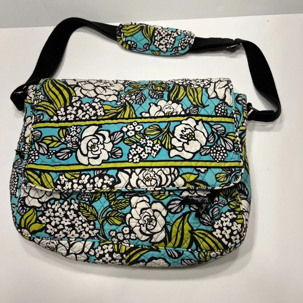 Vera Bradley Island Floral Messenger Bag Crossbody Shoulder Tote Teal/Wh…